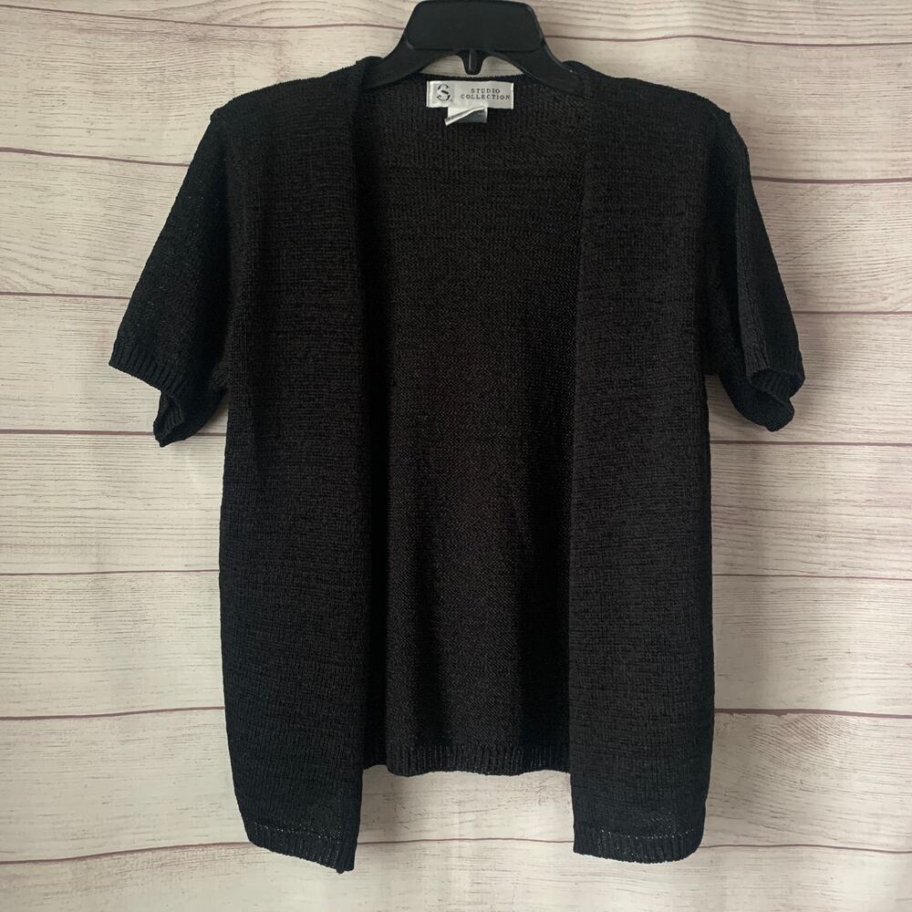 Studio Collection Black Cardigan Sweater Button Up Front Short Sleeve Size M